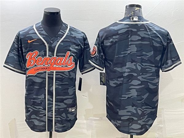 Men's Cincinnati Bengals Blank Gray Camo With Patch Cool Base Stitched Baseball Jersey - Click Image to Close